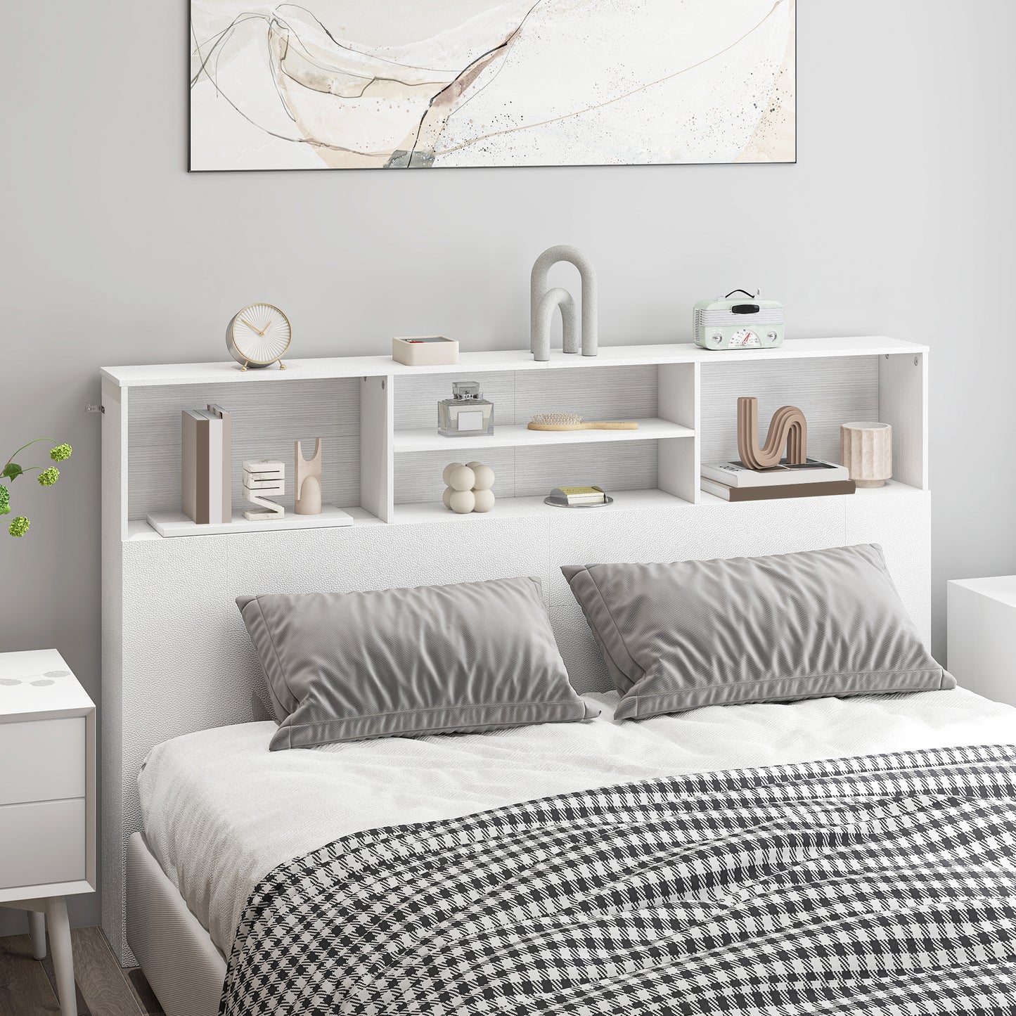 HOMCOM King Size Freestanding Bed Headboard With Storage 4 Open Compartments For Bedroom White