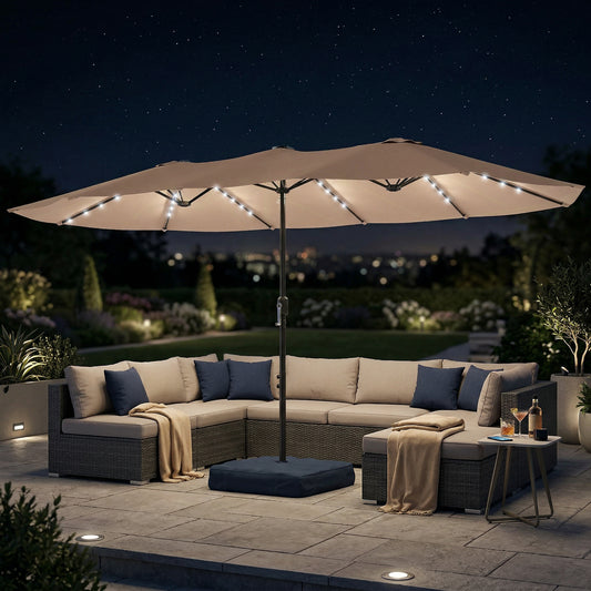 Outsunny Double Sided Patio Umbrella With Solar Powered LED Lights And Base Khaki 450 X 265 Cm Shade