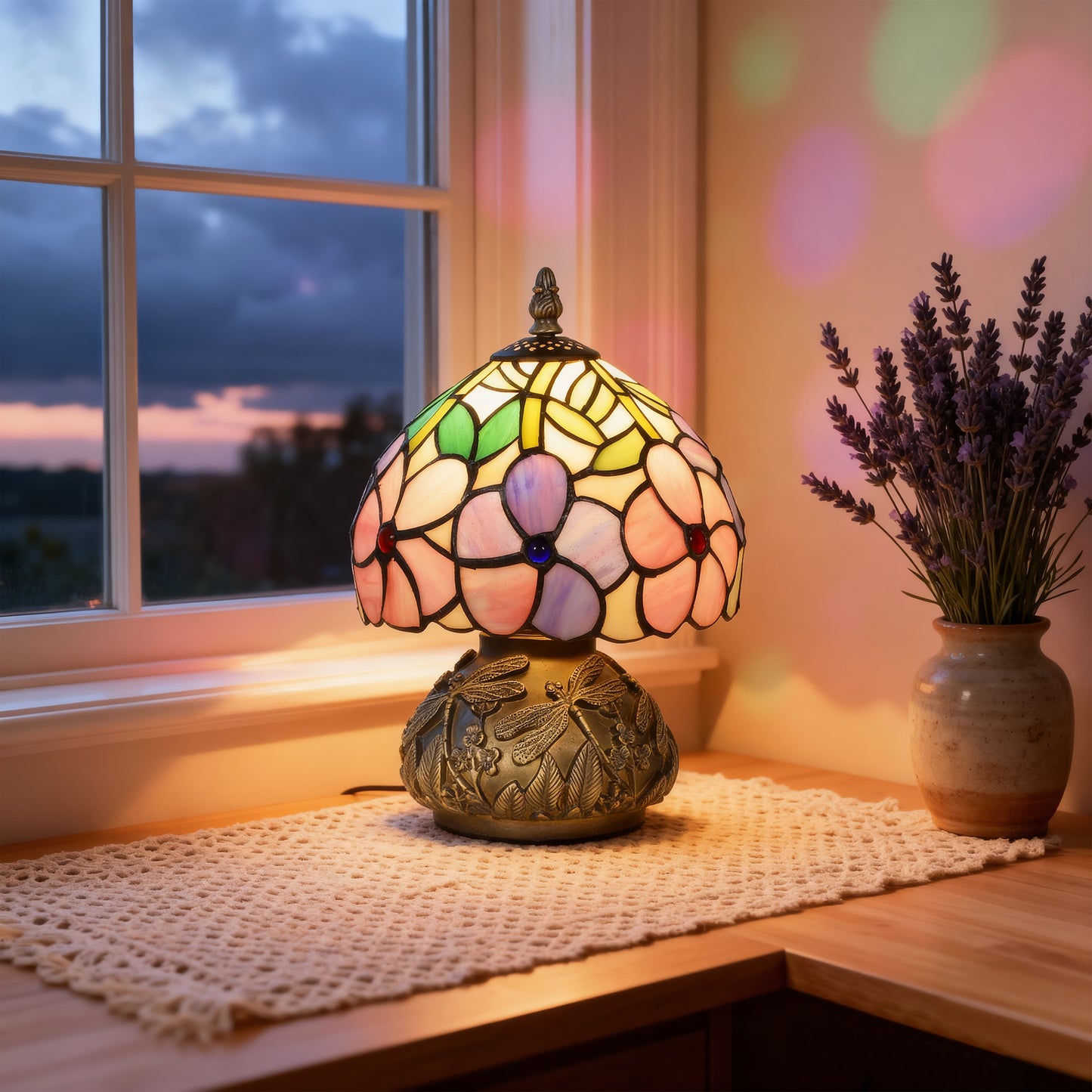 HOMCOM Tiffany Style Table Lamp With Dragonfly Base Stained Glass Pink For Living Room And Bedroom E27 Socket