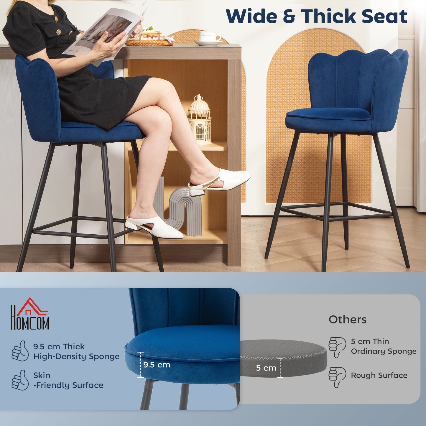 HOMCOM Set Of Two Velvet Lotus Bar Stools In Dark Blue With High Back And Steel Legs