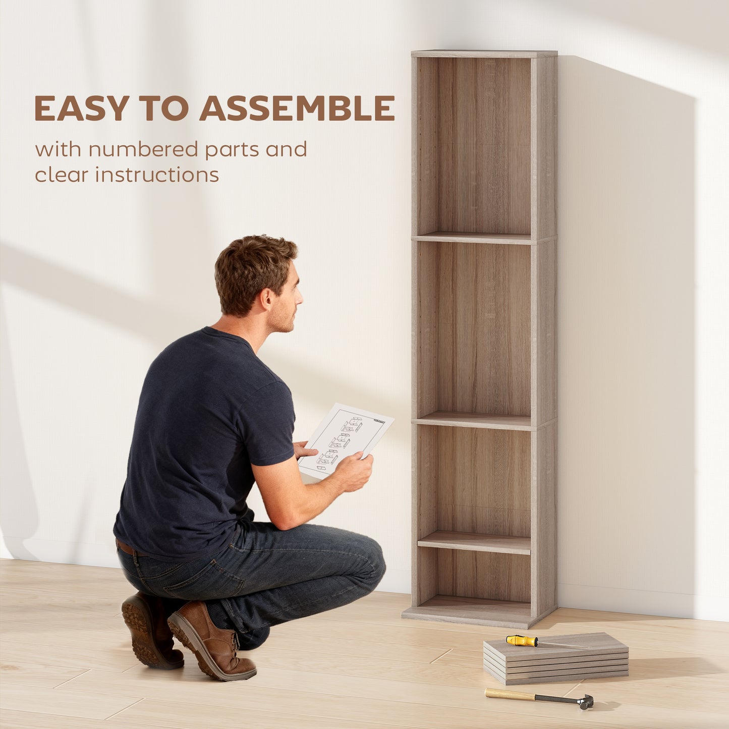 HOMCOM 260 CD Storage Unit Narrow With Six Adjustable Shelves Natural Wood Finish For Home Media Organization