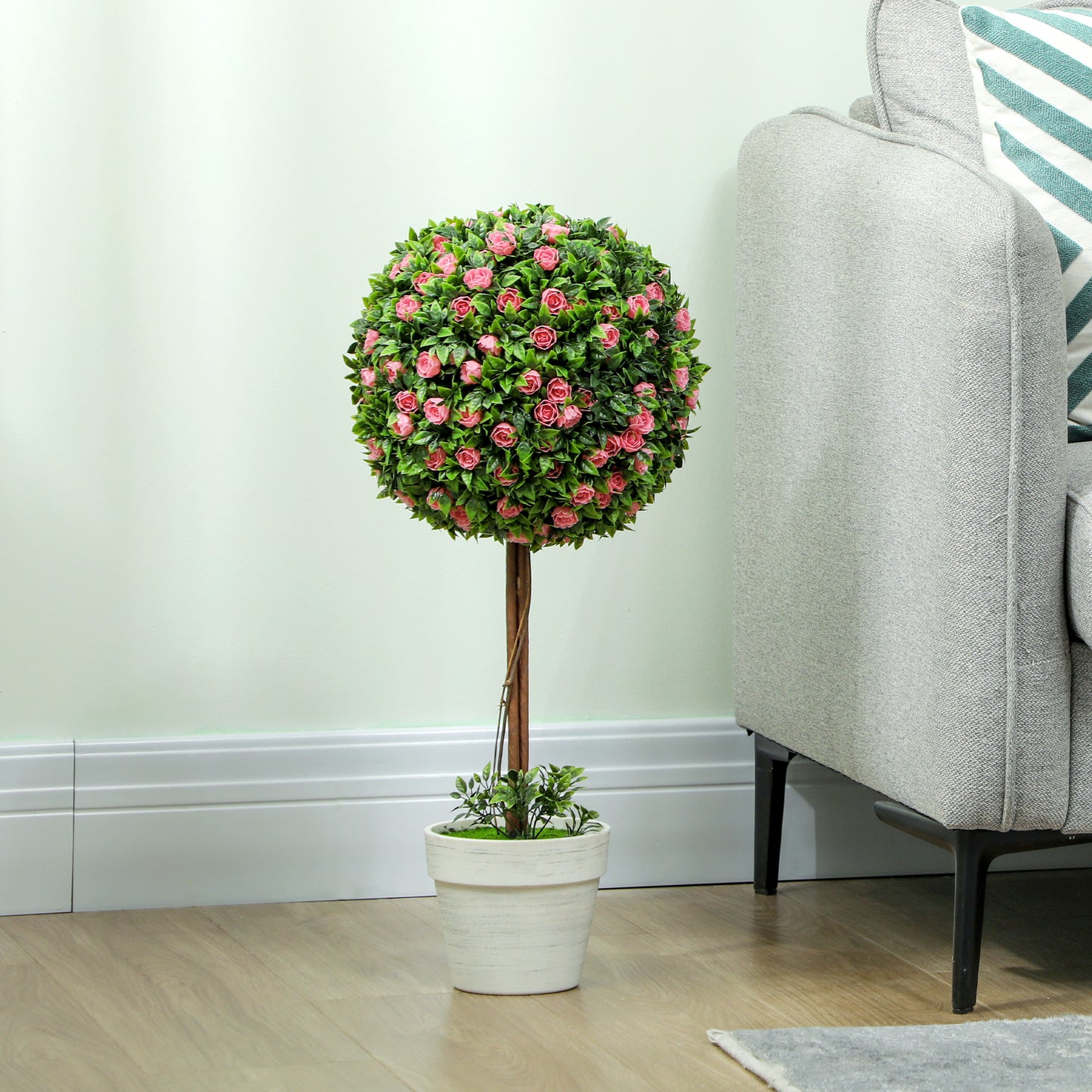 HOMCOM Set of 2 Decorative Artificial Plants Ball Topiary Tree with Rose Flowers in Pot Pink 60cm UV Resistant