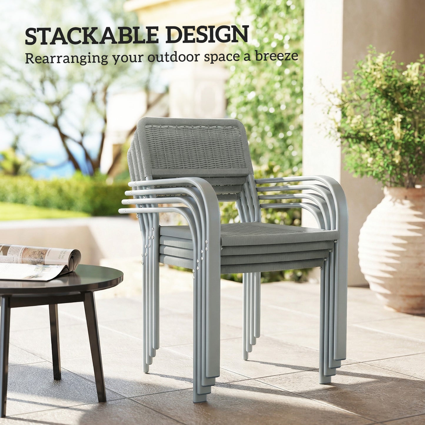 Outsunny Stackable Garden Chairs Set of 4 Rattan Effect Outdoor Dining Chairs Light Grey
