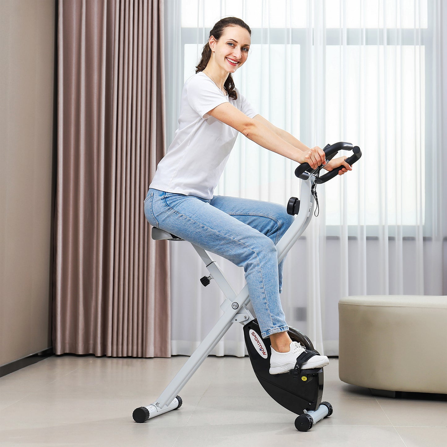 SPORTNOW Foldable Quiet Magnetic Resistance Exercise Bike with Heart Rate Monitor for Home Use, Black & White - ALL4U RETAILER LTD