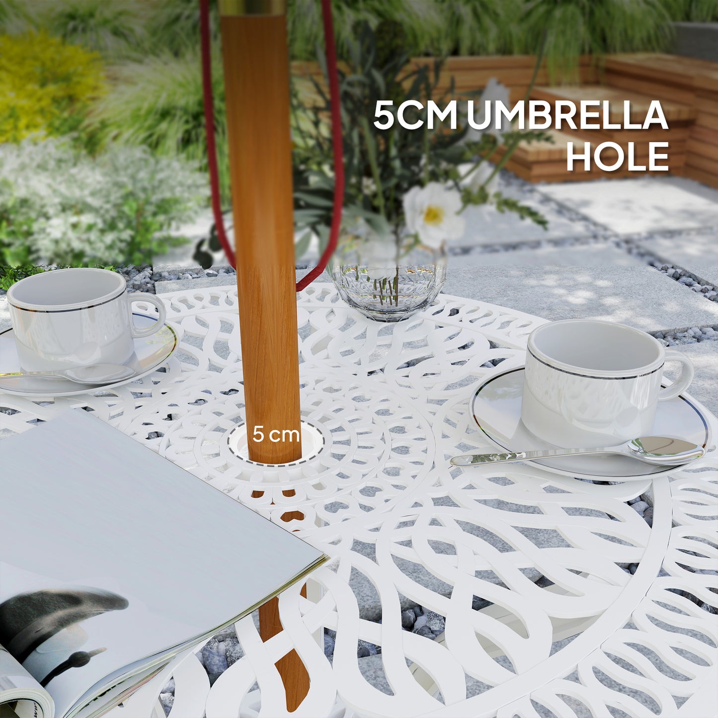 Outsunny 3 Piece Garden Bistro Set Cast Aluminium Outdoor Furniture With Umbrella Hole For Balcony Porch Patio White