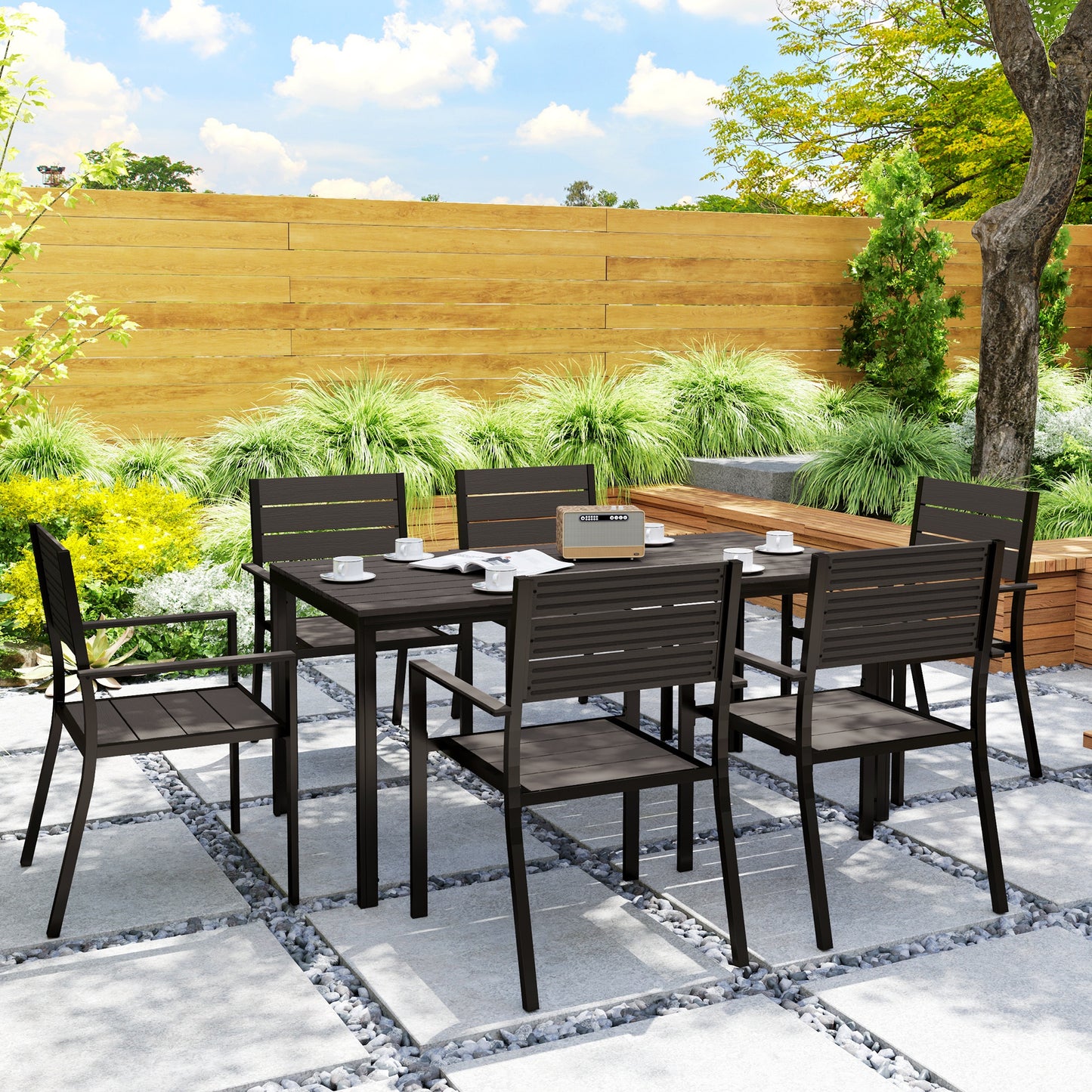 Outsunny Seven Piece Outdoor Dining Set With Six Stackable Chairs Brown For Patio And Garden Slatted Plastic Table