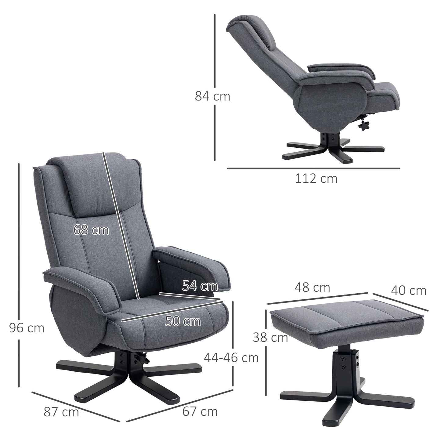 HOMCOM Swivel Recliner Chair With Footstool Charcoal Grey Linen 135 Degree Recline For Living Room And Fireside Comfort