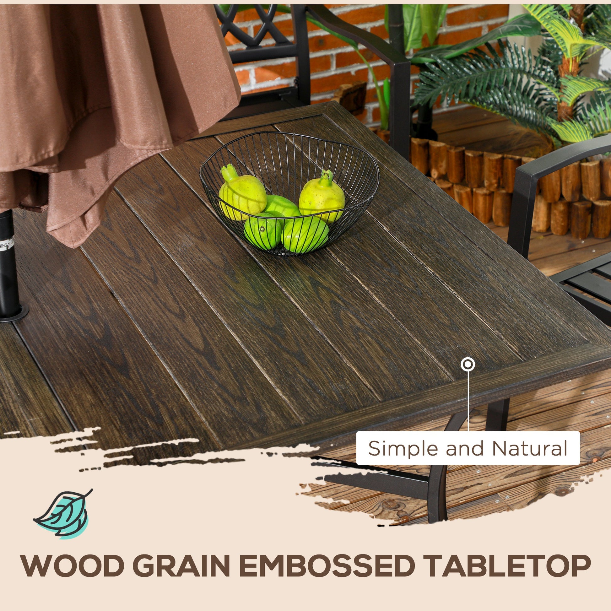 Outsunny Rustic Steel Garden Dining Table for Six with Parasol Hole - Durable Wood-Effect Finish - ALL4U RETAILER LTD