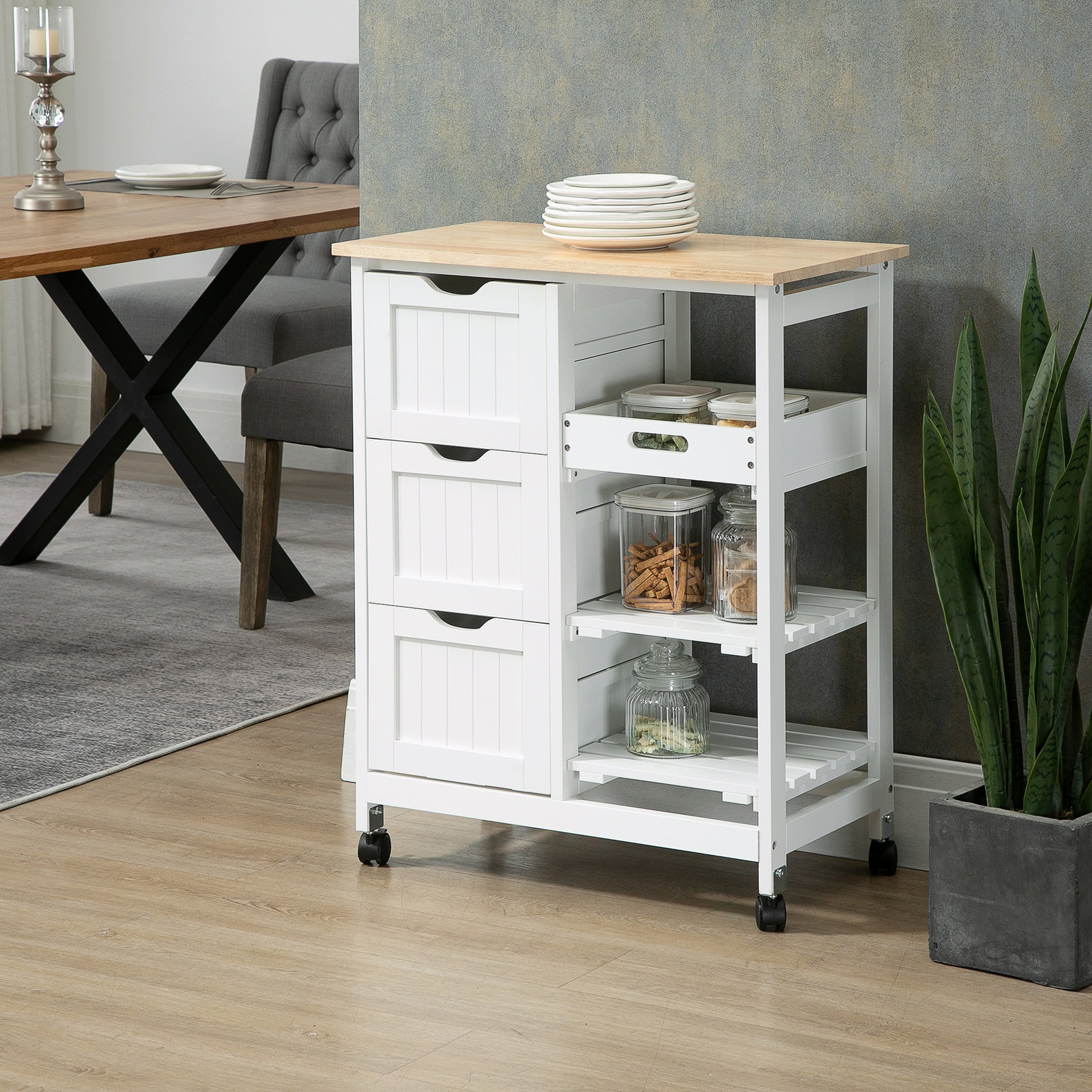 HOMCOM Compact White Kitchen Island Cart with Wheels, Wooden Top, Shelves, and Drawers for Dining and Entertaining - ALL4U RETAILER LTD