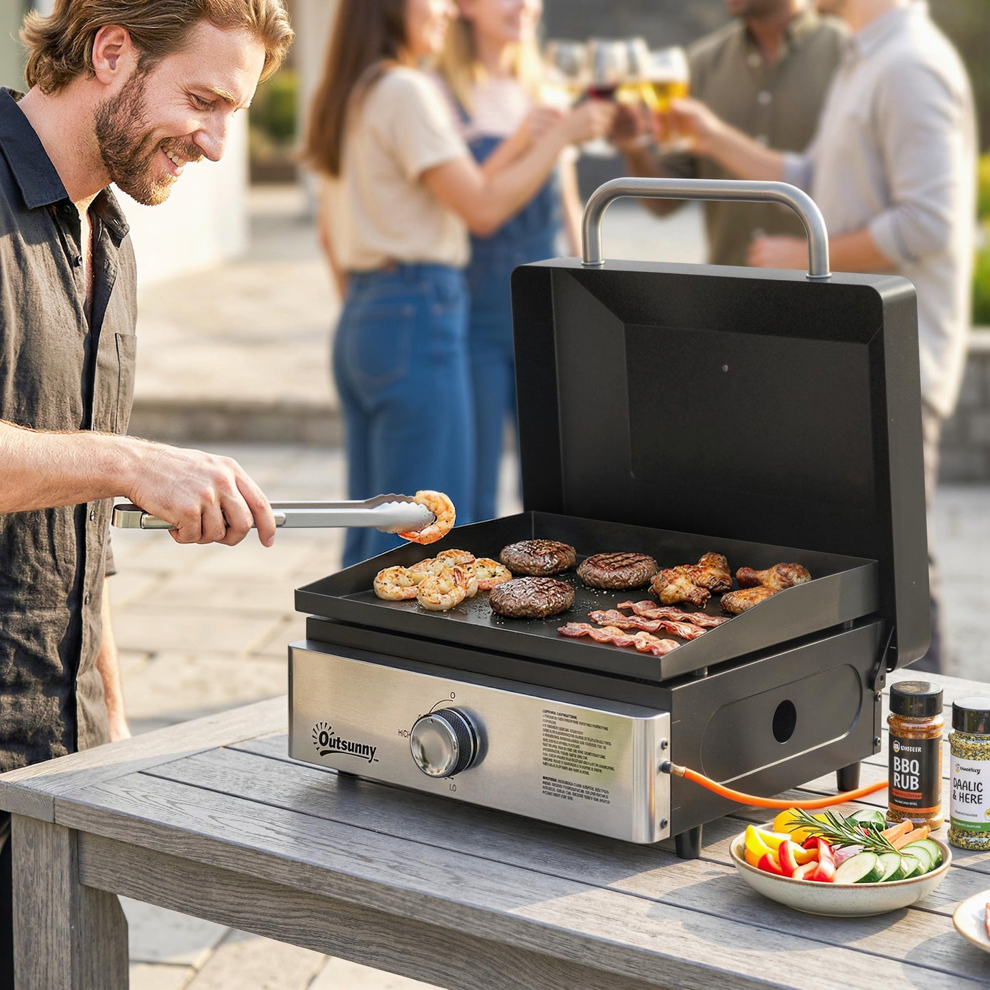 Outsunny Grill Griddle Portable Gas Plancha 3.5 Kw Tabletop BBQ with Grease Cup for Camping Picnics Patios Black