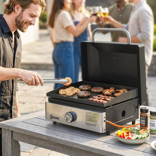 Outsunny Grill Griddle Portable Gas Plancha 3.5 Kw Tabletop BBQ with Grease Cup for Camping Picnics Patios Black