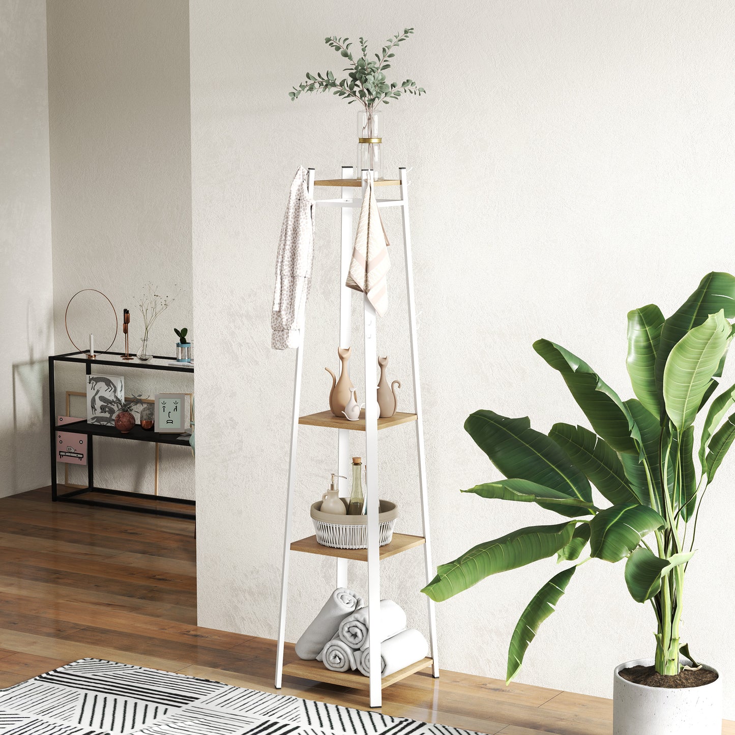 HOMCOM Compact Freestanding Coat Rack White Oak Finish With Eight Double Hooks And Three Shelves For Corner Spaces