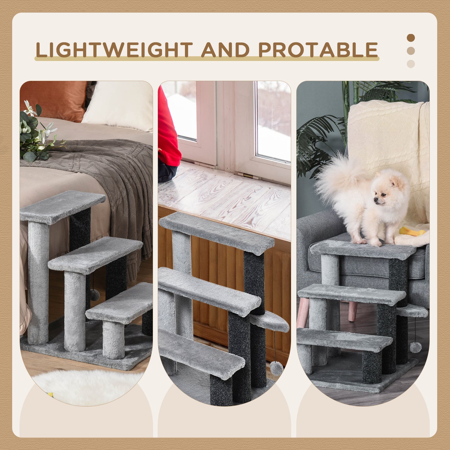 PawHut Grey 3-Step Cat Stairs with Scratch Posts, Play Platform, and Toy Ball - ALL4U RETAILER LTD