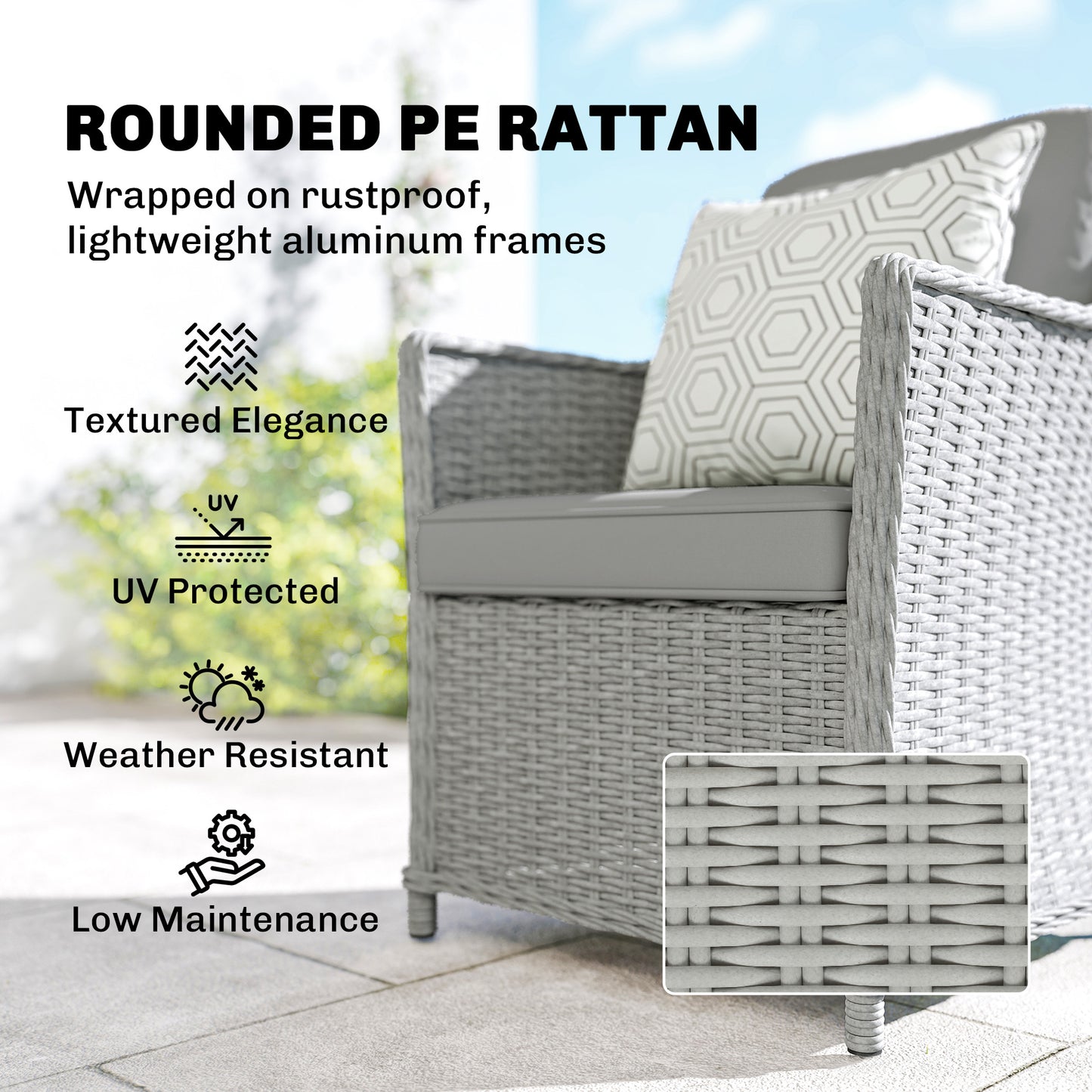 Outsunny Rattan Garden Dining Set With Turntable Marble Effect Glass Round Table And Aluminium Frame Chairs Grey