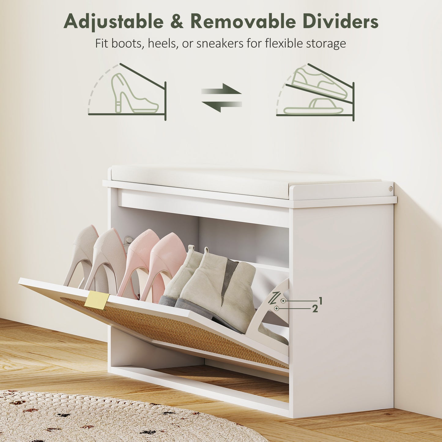 HOMCOM Boho Style Shoe Bench With Padded Seat And Flip Drawer White For Entryway Organization