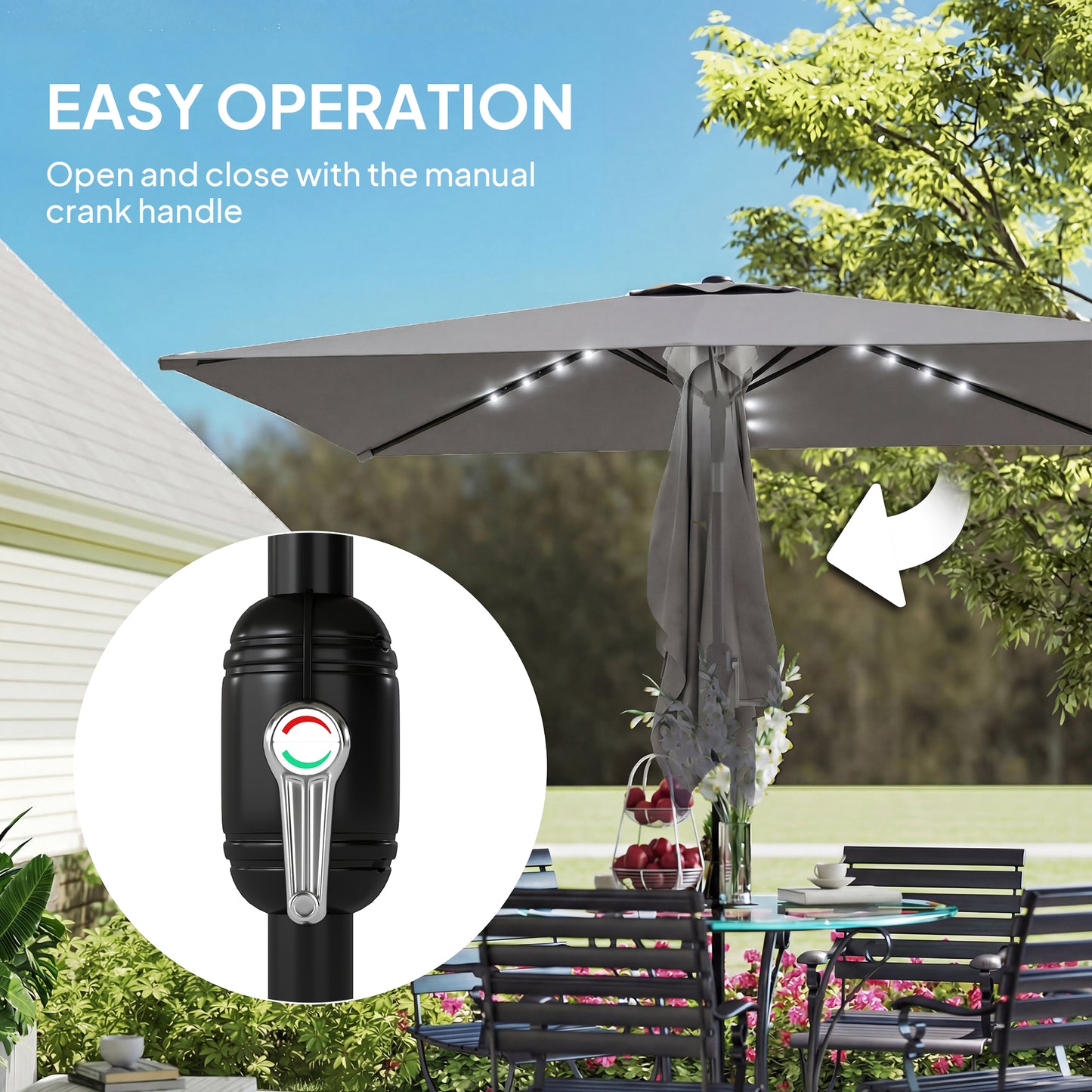 Outsunny 3x2m Garden Parasol Umbrella With LED Solar Light Parasol Cover Outdoor Market Patio Umbrella Dark Grey