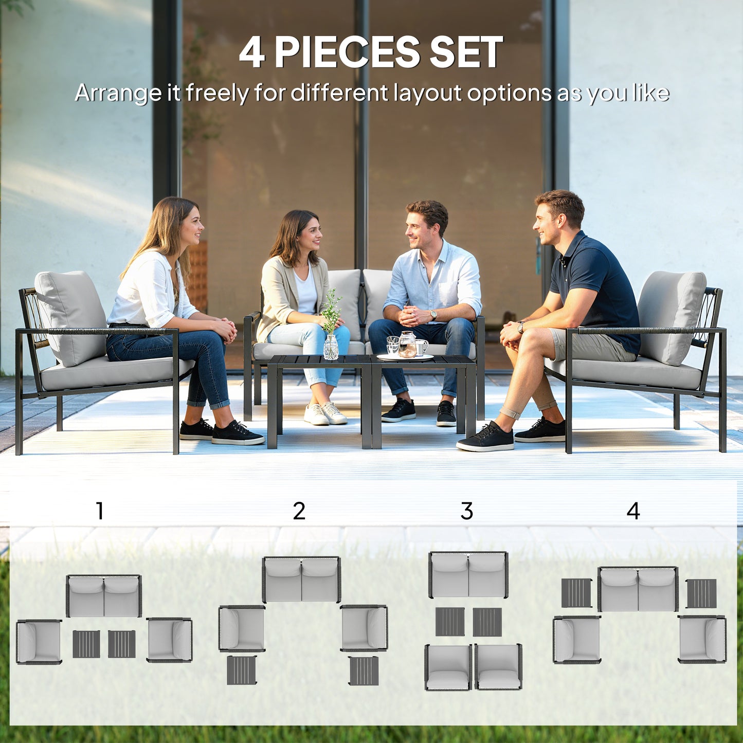 Outsunny 5 Piece Garden Furniture Set With Thickened Cushions Sofa Loveseat Armchairs And Coffee Tables Light Grey