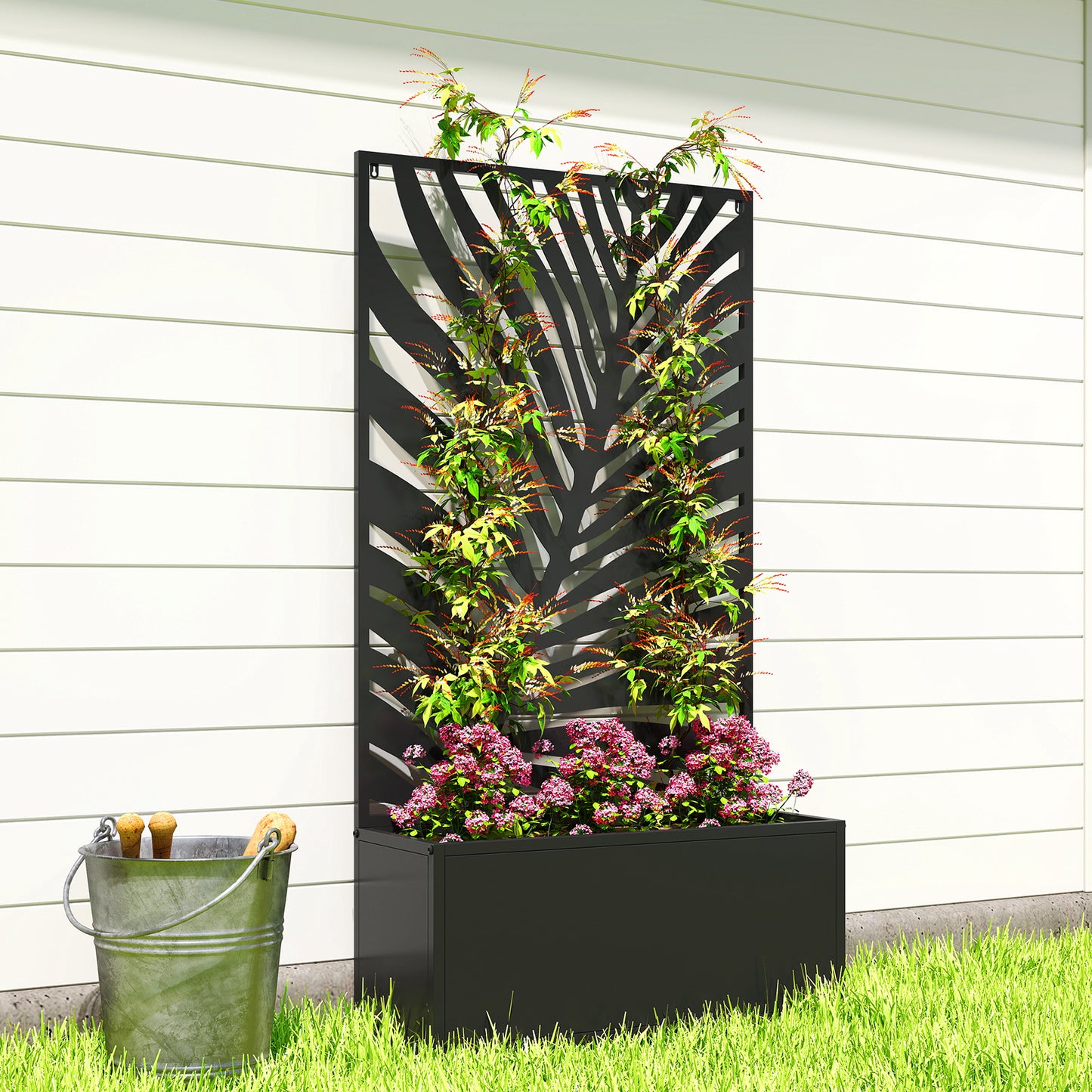 Outsunny Metal Garden Bed With Trellis Wall Mounted Or Freestanding Raised Planter With Privacy Screen