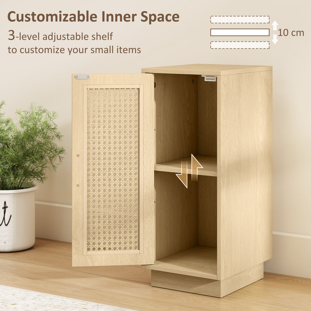 Slim rattan door nightstand with open cabinet and adjustable interior shelf