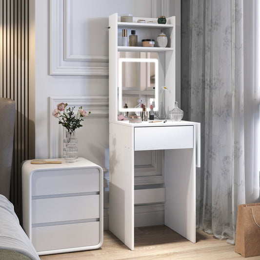 HOMCOM Small Vanity Desk With Mirror And Led Lights Compact Dressing Table With Drop Leaf Open Shelves And Drawer White