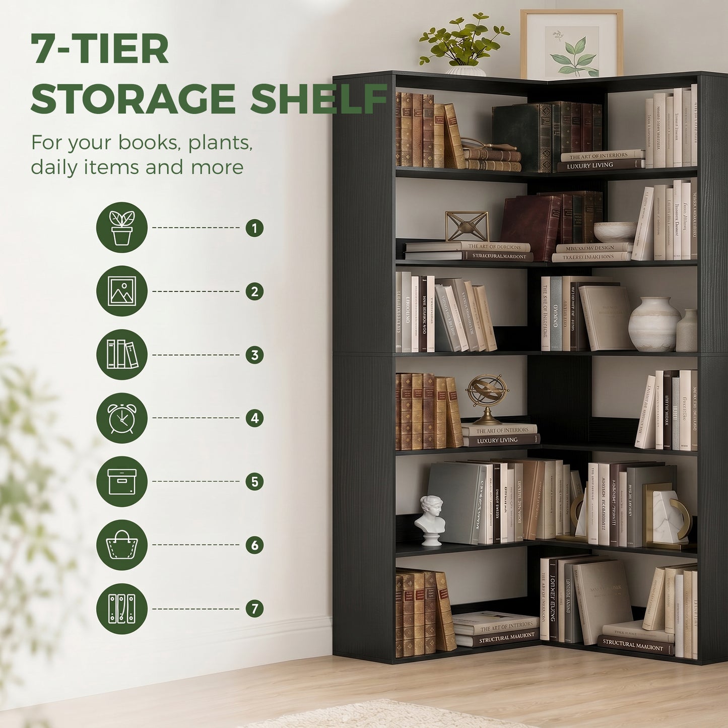 HOMCOM 7 Tier L Shaped Corner Bookshelf with Anti Slip Rear Guard Black Wood Effect 180 Cm Tall