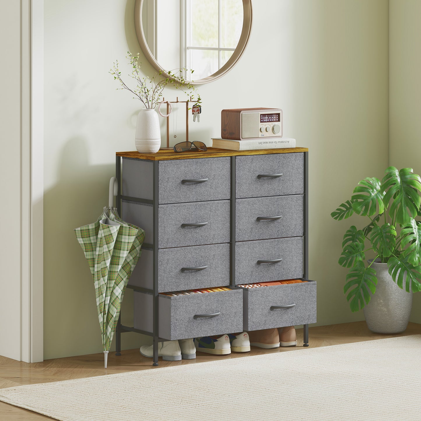 Fabric Chest Of Drawers With Eight Drawers Steel Frame With Wood Top Rustic Brown Grey For Bedroom Nursery Living Room