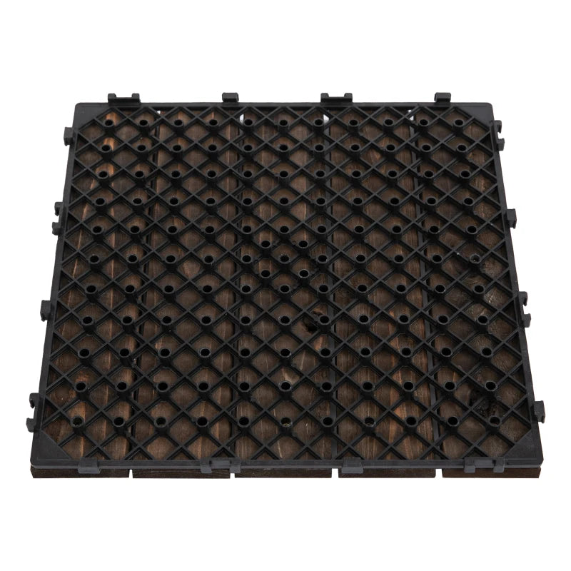 Outsunny 27 Pcs Interlocking Decking Tiles - Solid Wood for Patio, Balcony, Roof Terrace, Hot Tub - Black (30 x 30 cm Per Piece) - ALL4U RETAILER LTD