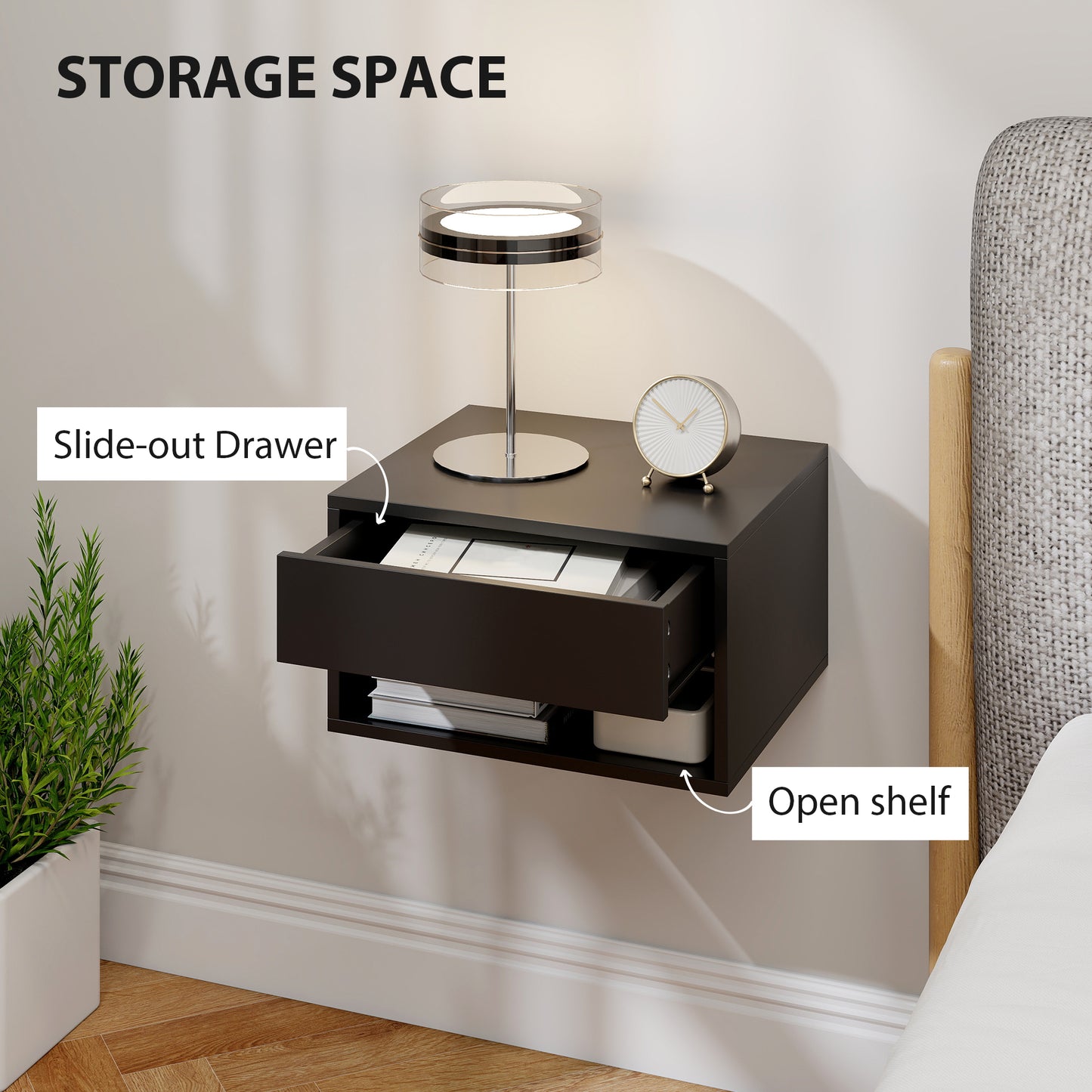 HOMCOM Floating Bedside Tables Set of Two Wall Mounted Nightstands Black Finish With Drawer and Open Shelf Space Saving