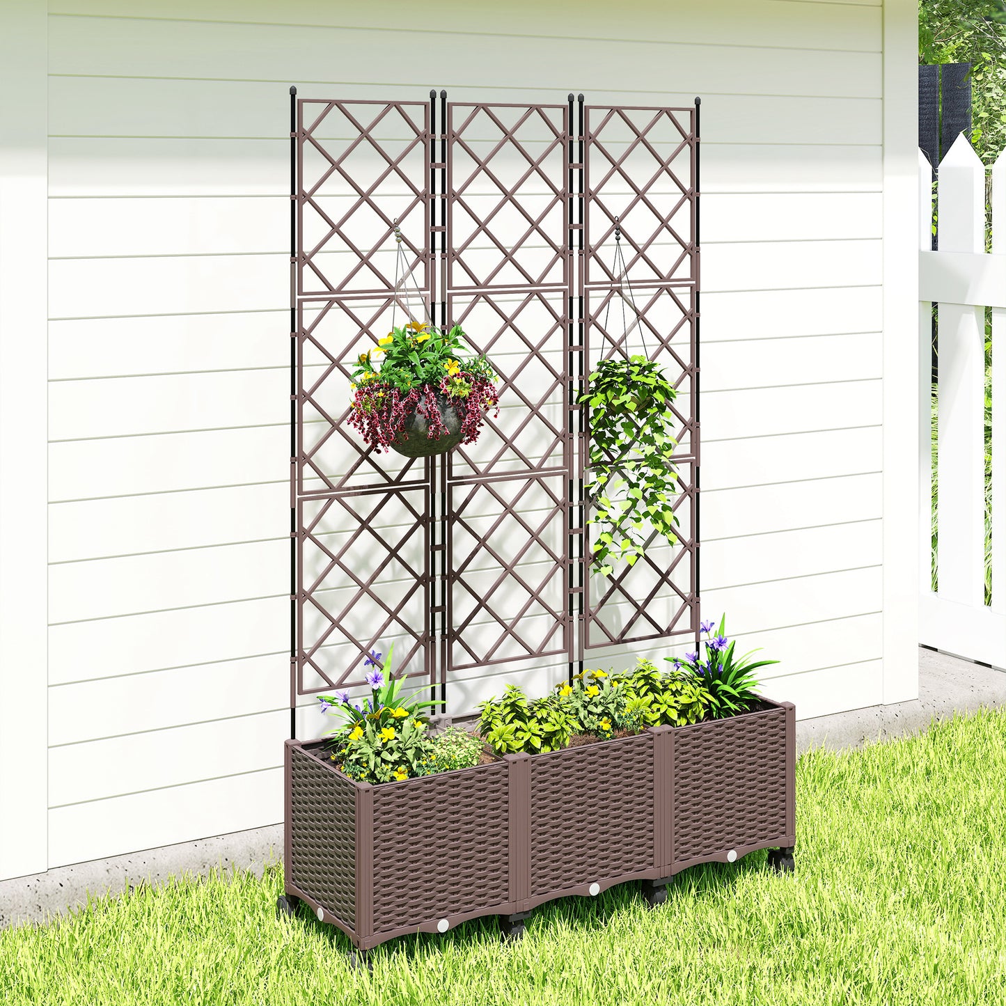 Outsunny Plastic Raised Planter With Trellis And Self Watering System On Wheels With Drainage Holes And Plugs