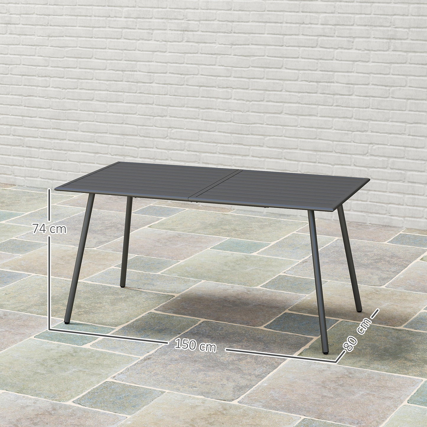 Outsunny Rectangle Garden Table With Slat Top Steel Frame Outdoor Table For Six People 150 x 80 x 74 Cm Grey