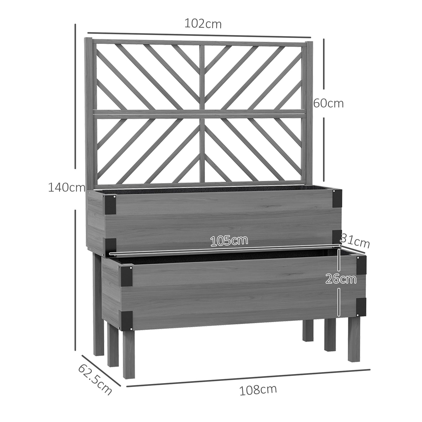 Outsunny Raised Garden Bed With Trellis Two-Tier Wooden Elevated Planter Box For Vegetables Flowers Herbs Grey