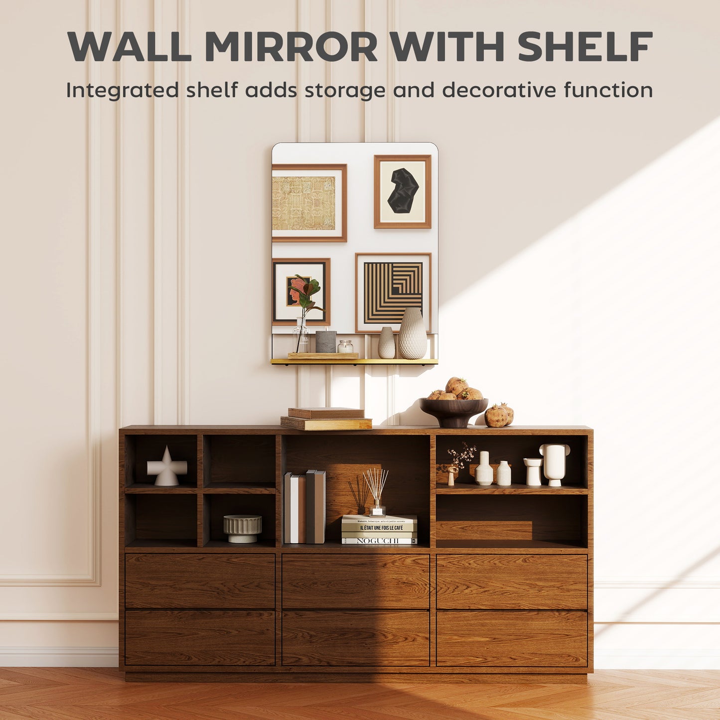 Homcom Wall Mirror With Wood Shelf Black Metal Frame Industrial Entryway Decor Solution