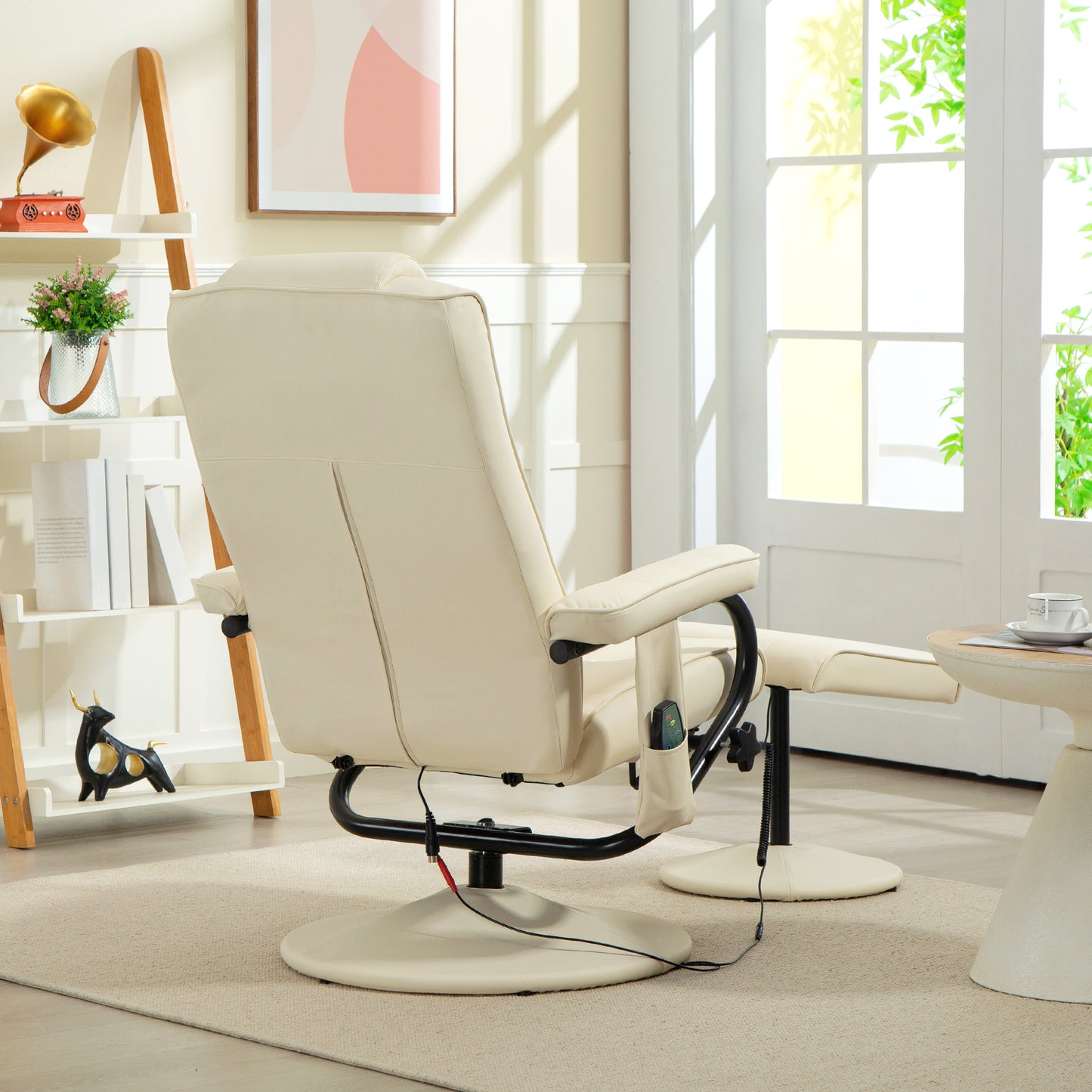 HOMCOM Swivel Recliner Chair and Footstool With Faux Leather Massage Remote Control Round Wrapped Base Cream White