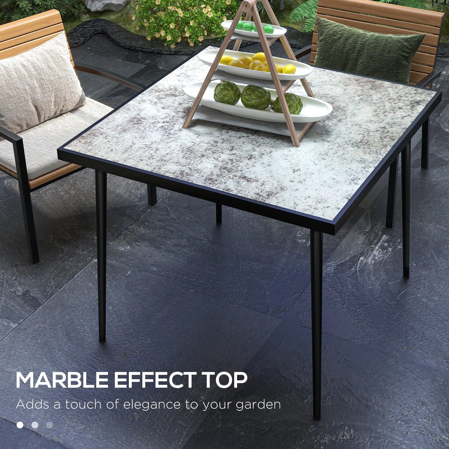 Outsunny Square Garden Table, Outdoor Dining Table for 4 with Marble Effect Tempered Glass Top and Steel Frame for Patio, Grey - ALL4U RETAILER LTD