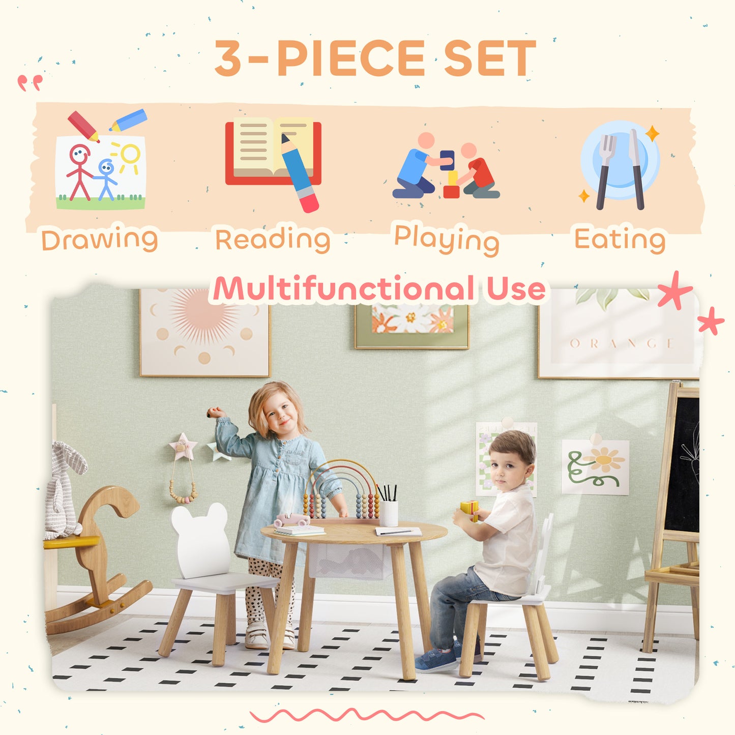 AIYAPLAY 3 Piece Kids Activity Table Set With Mesh Bag Bear Shaped Backrest For Arts And Crafts Reading And Dining