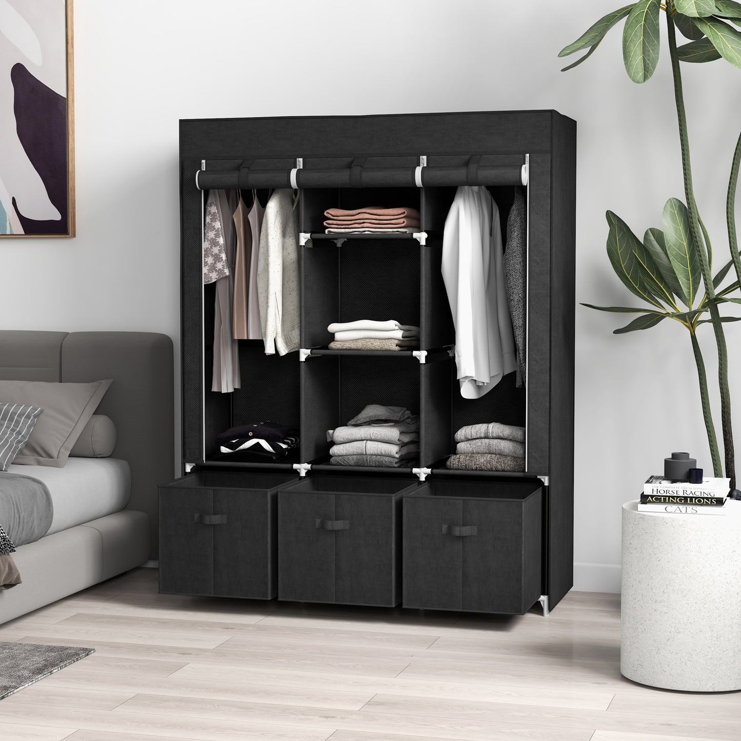HOMCOM Foldable Fabric Wardrobe for Bedroom Portable with 5 Shelves 2 Hanging Rails and 3 Fabric Drawers Black