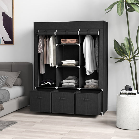 Black fabric wardrobe with hanging rails, shelves, and folding fabric drawers, open front