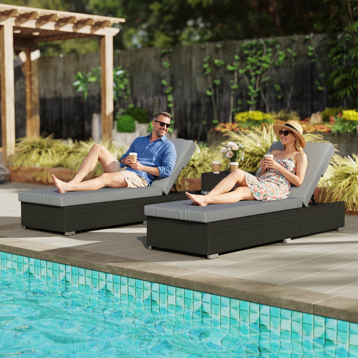 Outsunny Rattan Sun Loungers Set Of 2 With Side Table Garden Recliner Sunbeds Adjustable Back Cushions Dark Grey