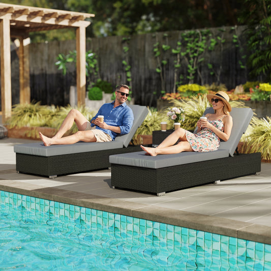 Outsunny Rattan Sun Loungers Set Of 2 With Side Table Garden Recliner Sunbeds Adjustable Back Cushions Dark Grey