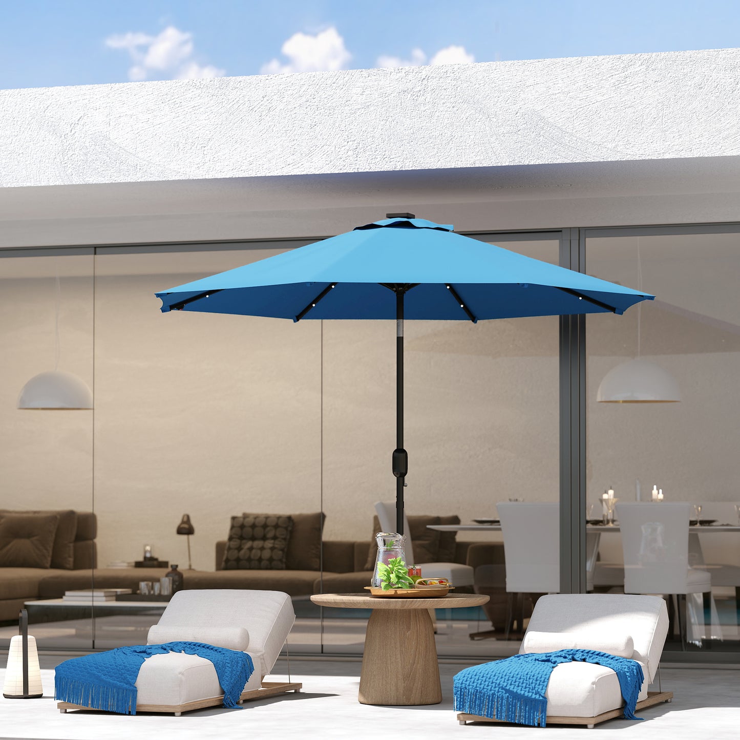 Outsunny 2.7m LED Light Parasol Umbrella Blue With 24 Solar Powered LEDs For Nighttime Ambience