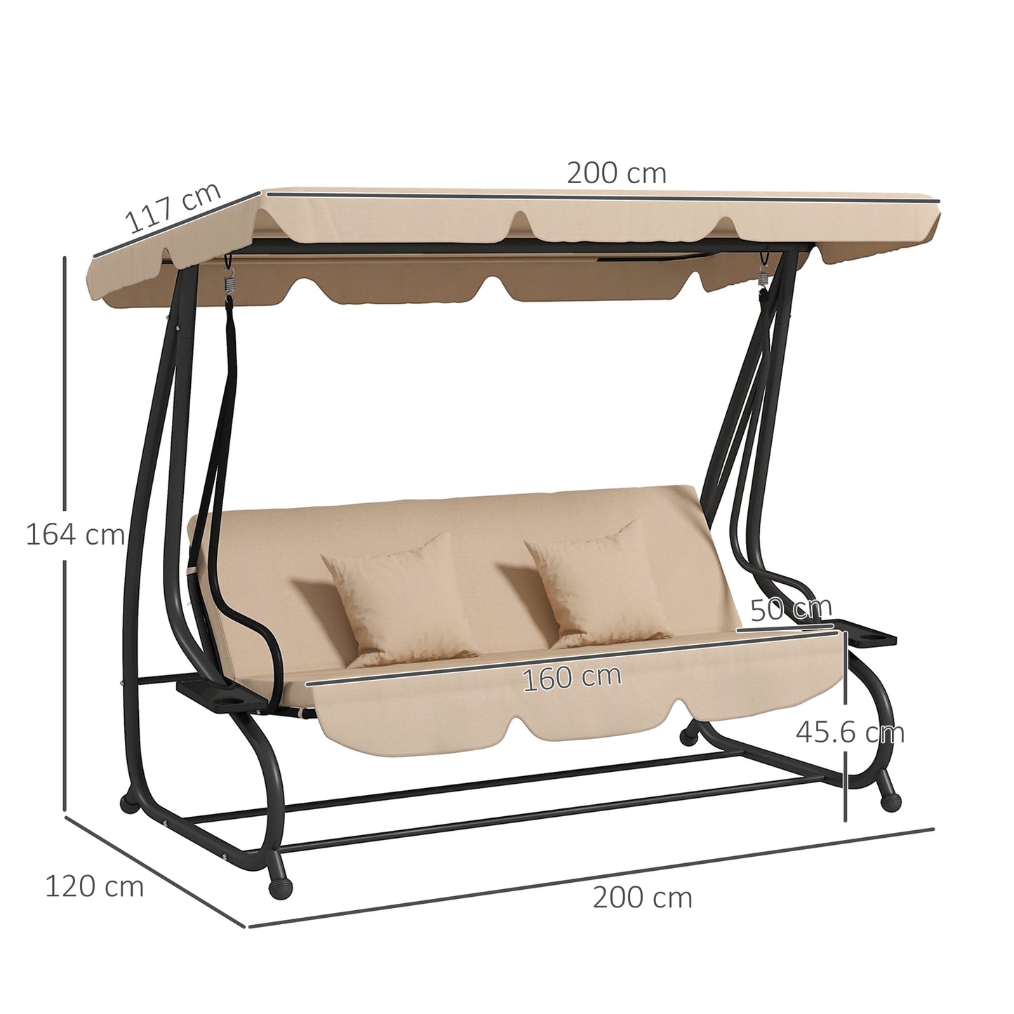 Outsunny Three Person Garden Swing Chair With Adjustable Canopy Light Brown Cushioned Seat For Relaxation
