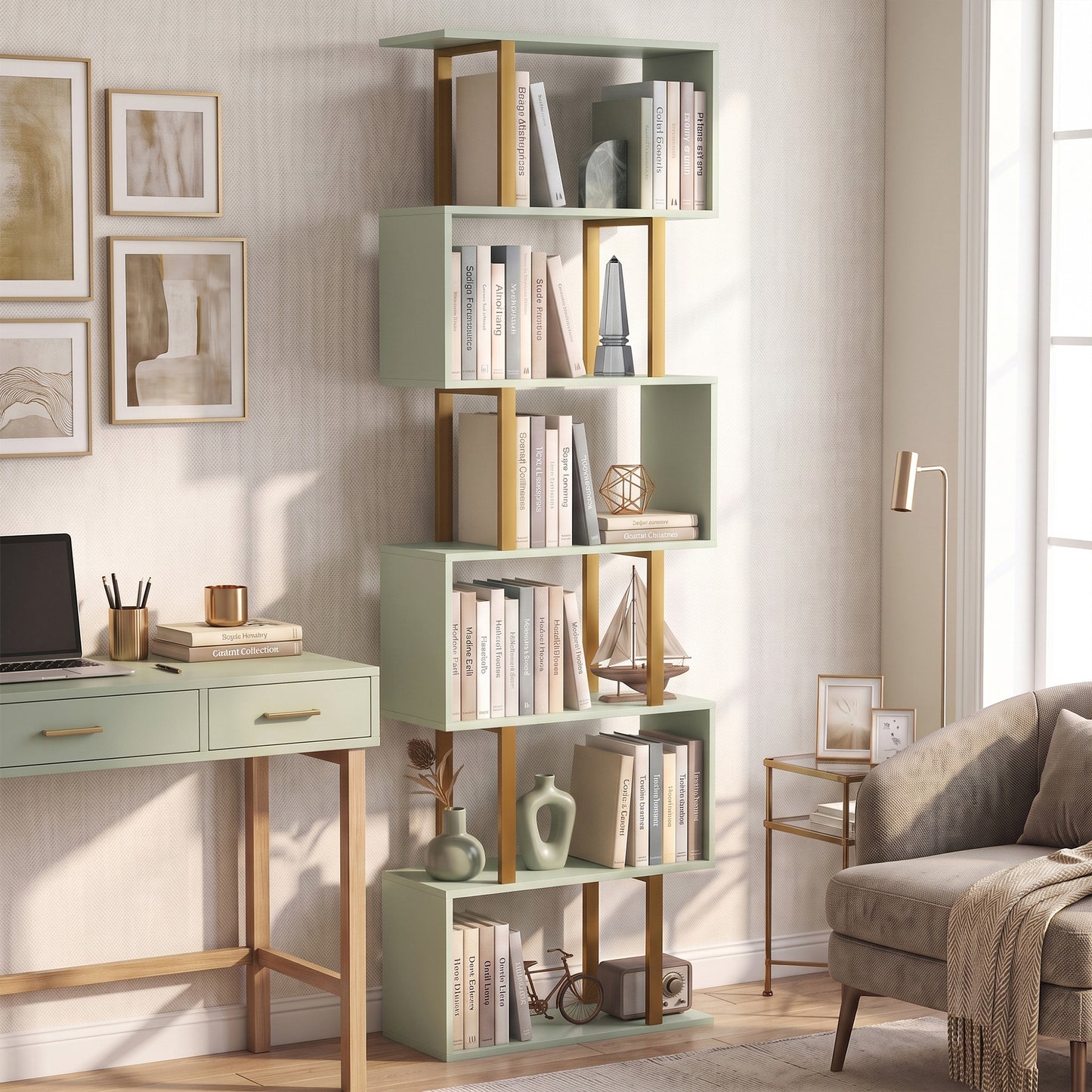 HOMCOM S Shaped Bookshelf 5 Tier Freestanding Storage Shelves With Anti Tip Strap For Living Room Light Green