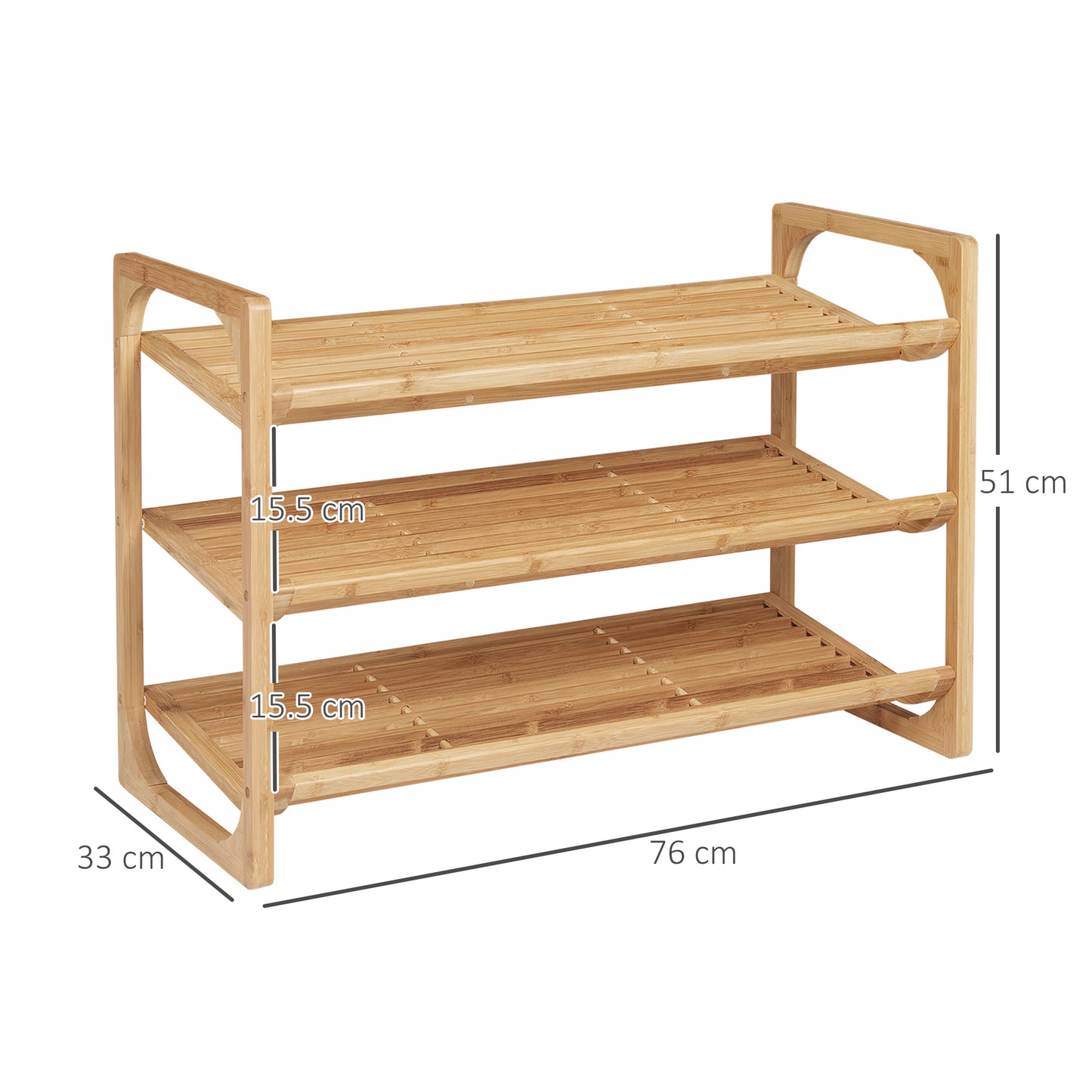 HOMCOM Three Tier Bamboo Shoe Rack With Slatted Shelves Free Standing Organizer For Nine Pairs Of Shoes Natural
