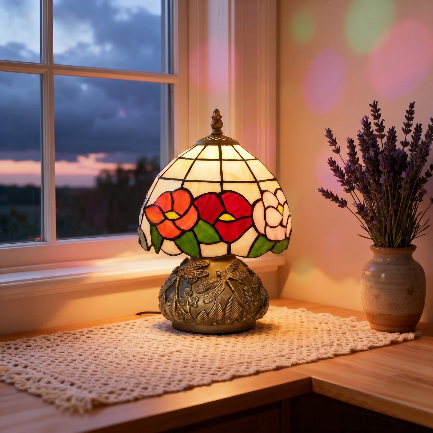 HOMCOM Handcrafted Classic Stained Glass Bedside Lamp Tiffany Style Lamp with Sculpted Dragonfly Base Multi Coloured