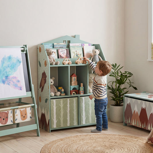 AIYAPLAY Kids Bookshelf with Storage and Fabric Drawers for Playroom and Nursery Green Book Display Unit