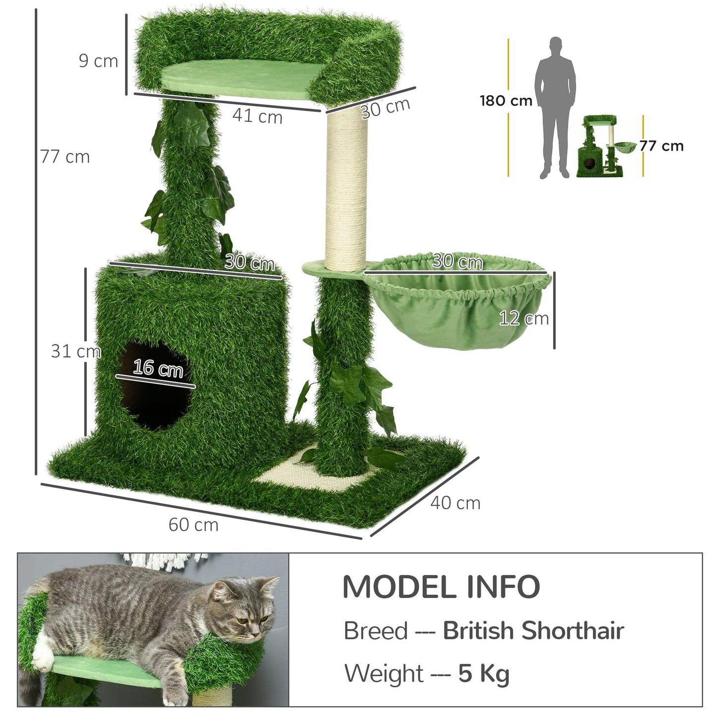 PawHut Cat Tree with Green Leaves, Scratching Posts, Perch Hammock - ALL4U RETAILER LTD