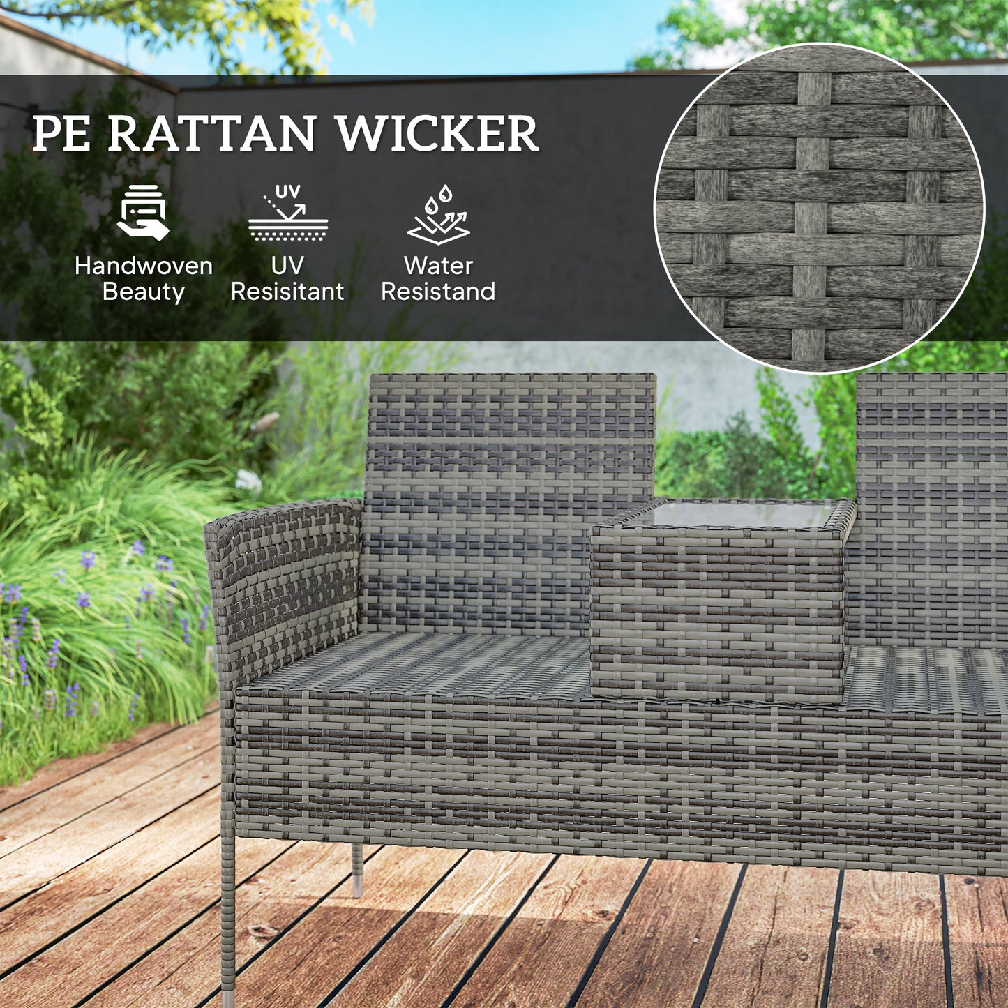 Outsunny Two Seat Rattan Chair With Middle Table Outdoor Patio Set Charcoal Grey Tempered Glass Top