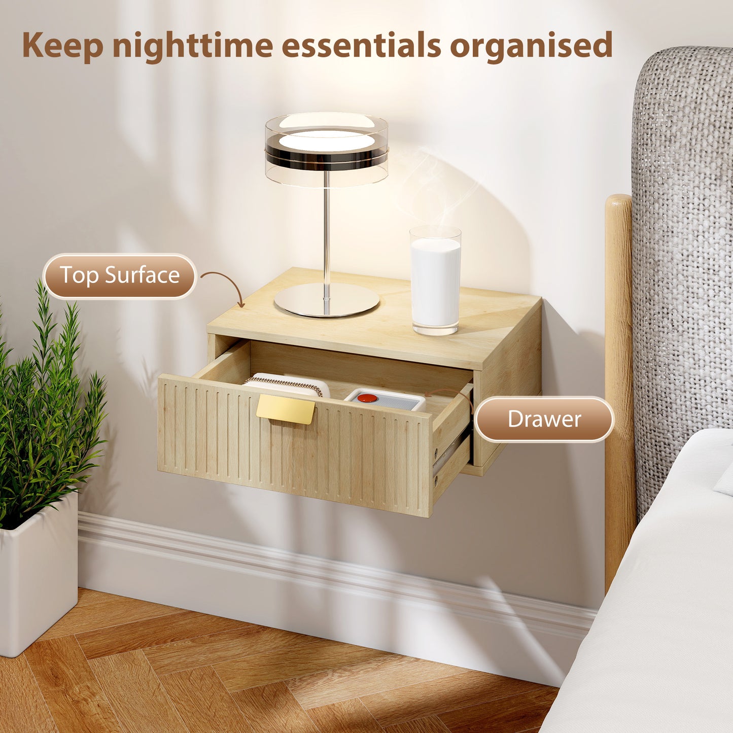 HOMCOM Modern Floating Nightstands Set of 2 Wall Mounted Bedside Tables with Wave Drawer Oak Finish