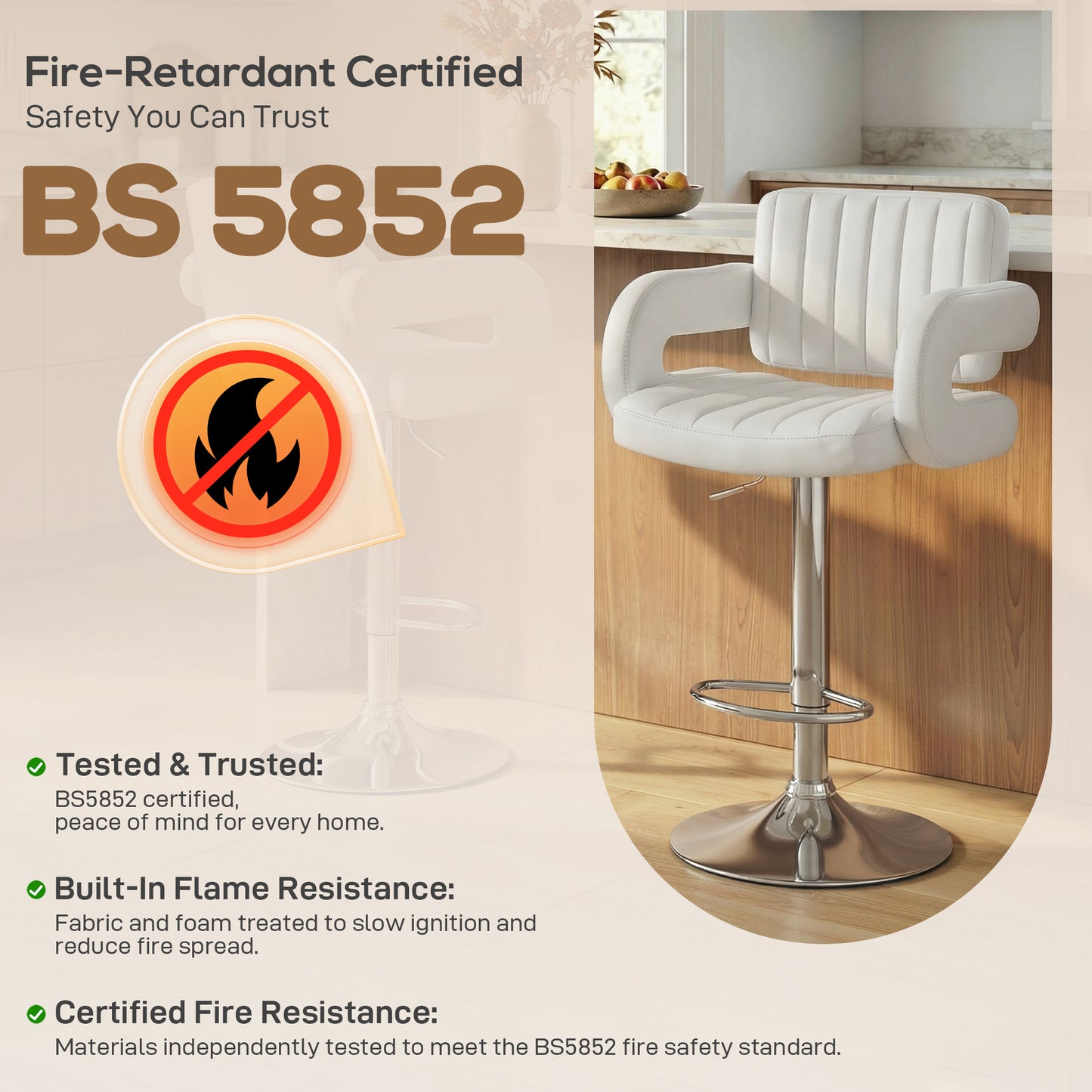 HOMCOM Adjustable Bar Stools Set Of 2 Swivel Kitchen Chairs With Backrest And Armrests PU Leather White
