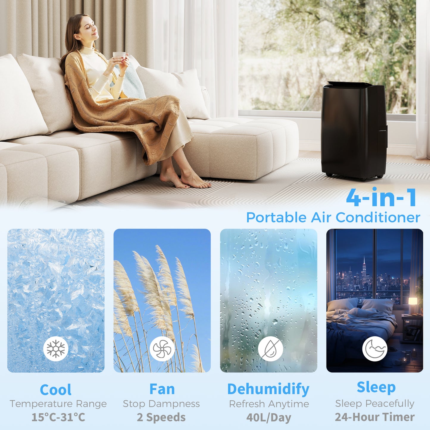 HOMCOM Portable Air Conditioner 14000 BTU 4 In 1 Unit Dehumidifier Cooling Fan With Child Lock For 40 Square Meters